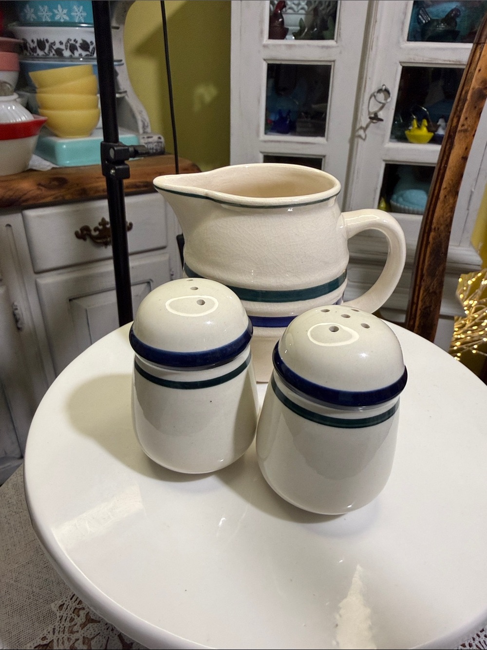 Cream Ceramic Pitcher and Salt & Pepper Shaker Set with Blue and Green Bands